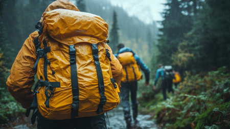 Hikers with bright yellow backpacks navigate a muddy trail in a lush, green forest on a rainy day. Generative AIの素材