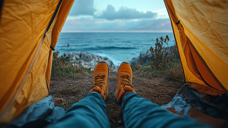 Cozy camping experience with a view of the ocean at dusk from inside a yellow tent in a scenic coastal location. Generative AIの素材
