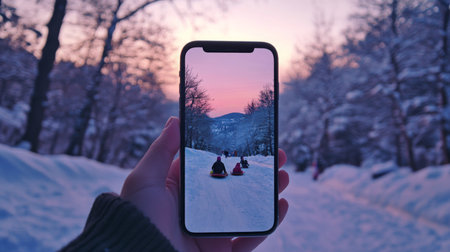 A person holds smartphone displaying snowy winter landscape during sunset while sleddingの素材