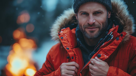 A man enjoys a winter evening by the fire while wearing a warm red jacket in a snowy outdoor setting. Generative AIの素材