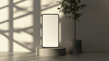 Modern smartphone standing on a pedestal near a potted plant in soft afternoon lightの素材