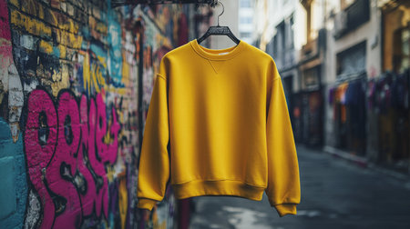 Bright yellow sweatshirt displayed on hanger in colorful urban alley during daylight hoursの素材