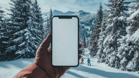 A hand holds a blank smartphone in front of a snowy mountain sceneの素材