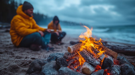 Cozy campfire gathering on a beach during dusk with two people enjoying the warmth and cooking over glowing embers. Generative AIの素材