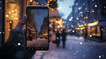 Capturing a snowy evening stroll through a festive street adorned with holiday lightsの素材