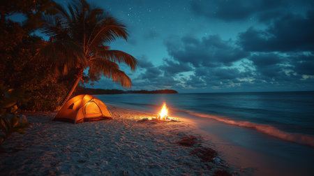 A tranquil beach campsite at dusk with a glowing fire and a tent surrounded by palm trees and ocean waves. Generative AIの素材