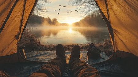 Relaxing view of a tranquil lake at dawn from inside a camping tent with birds flying overhead. Generative AIの素材