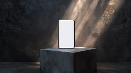A modern smartphone displayed on a stone pedestal in a dimly lit, dramatic environmentの素材