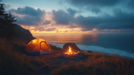 A peaceful camping experience by the ocean at sunset with a glowing tent and warm campfire surrounded by natures beauty. Generative AIの素材