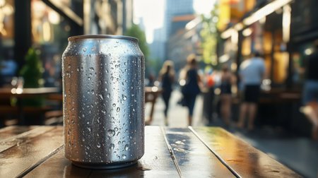A cold can of drink sits on a table outside a cafe on a busy streetの素材