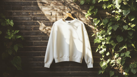 A beige sweatshirt hanging on wooden hanger against brick wall with green ivy in daylightの素材