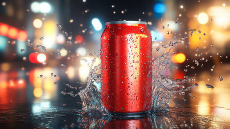 A vibrant red can splashes water in a bustling city street during nighttimeの素材