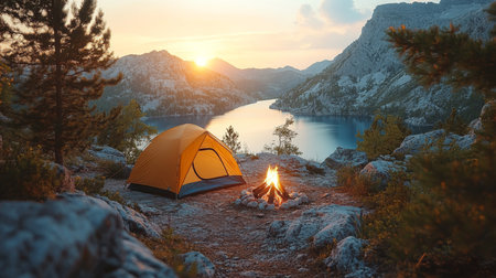 A serene sunset view over a lake with a camping tent and glowing campfire nestled among rocky terrain. Generative AIの素材