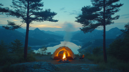 Cozy camping spot by the lake at dusk with towering trees and a warm fire creating a serene atmosphere. Generative AIの素材
