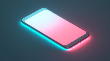 A vibrant smartphone illuminated with blue and pink lights against a dark backgroundの素材