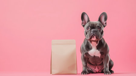 A cute French Bulldog sitting next to a package on a pink background in a playful settingの素材