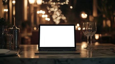 A laptop with a blank screen sits on a table in a dimly lit restaurantの素材