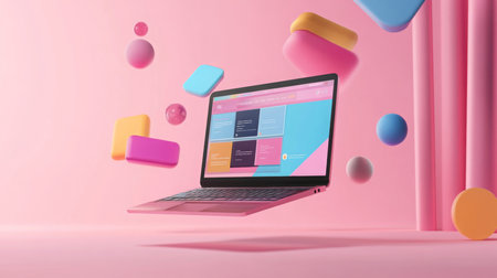 A floating pink laptop displaying colorful apps in a vibrant pastel settingの素材