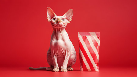 A sphynx cat poses next to a striped treat bag against a vivid red backdropの素材