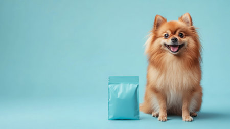 Happy Pomeranian dog sits next to packaged treats on a blue background in a studio settingの素材