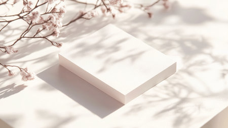 A white platform with delicate flower shadows cast by a nearby branchの素材