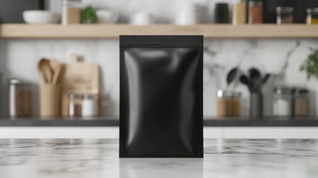 A sleek black pouch placed on a marble countertop in a modern kitchen settingの素材