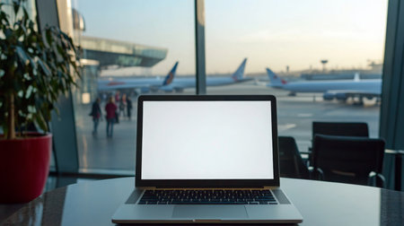 A laptop sits on a table near a window overlooking an airportの素材
