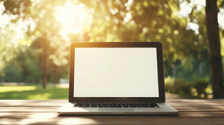 A blank laptop screen rests on a rustic table in a sunlit park surrounded by greeneryの素材