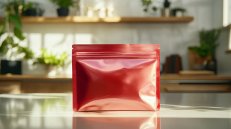 A vibrant red package sits on a kitchen counter surrounded by greenery and natural lightの素材