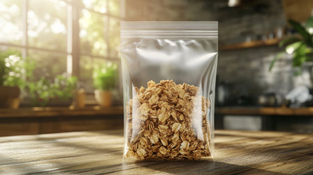 A clear plastic bag filled with granola sits on a wooden table in a kitchenの素材
