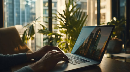 Working on laptop in sunlit urban apartment with views of tall buildings and green plantsの素材