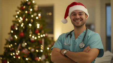 Smiling healthcare professional wearing a Santa hat in front of a decorated Christmas treeの素材