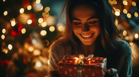 A woman smiles as she opens a gift in front of a Christmas treeの素材