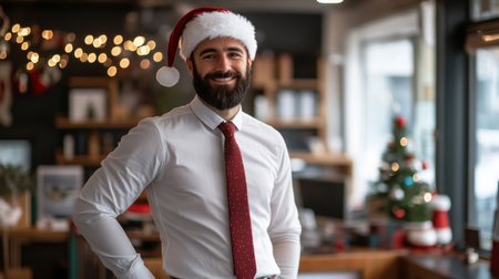 A man wearing a Santa hat smiles in a store decorated for Christmasの素材