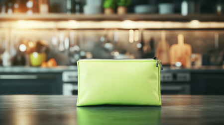 Bright green zippered pouch on a kitchen countertop with utensils and appliances behind itの素材