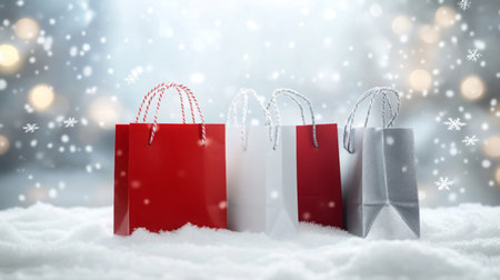 Colorful shopping bags surrounded by snowflakes on winter day, creating festive atmosphereの素材