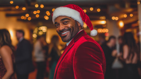 Cheerful man in a red velvet suit and Santa hat celebrating at a festive indoor partyの素材
