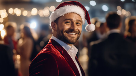 Smiling man in a red velvet suit and Santa hat celebrating at a festive holiday partyの素材
