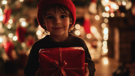 A joyful child in a cozy sweater holds red gift near beautifully decorated Christmas treeの素材