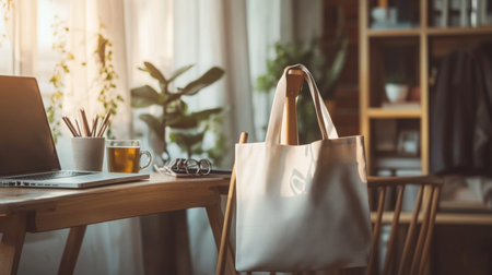 A white tote bag hangs on a chair in a home officeの素材