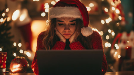 A woman in a Santa hat looks stressed while shopping online on Christmas Eveの素材