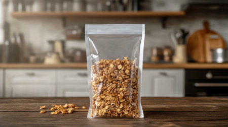 Granola in a clear packaging placed on wooden kitchen table with blurred background itemsの素材