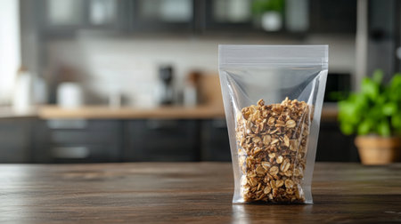 Clear bag of granola on wooden table in a modern kitchen filled with natural lightの素材