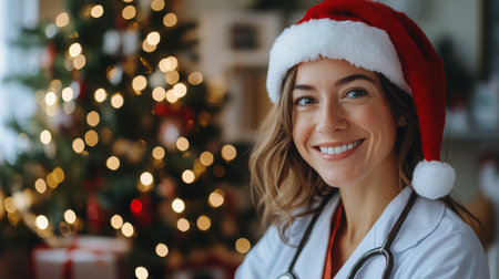 A joyful healthcare worker celebrating the holidays in front of a decorated Christmas treeの素材