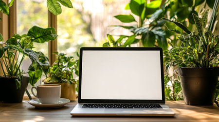 A serene work environment with a laptop and coffee cup surrounded by lush indoor plantsの素材
