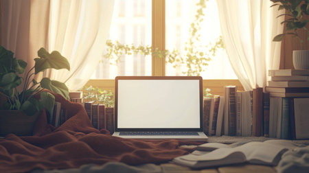 A laptop sits on a wooden table surrounded by open books and a cozy blanketの素材