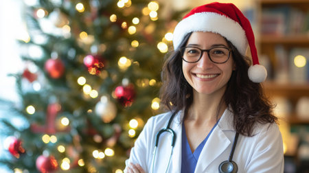 A woman wearing a Santa hat and a doctors coat smiles in front of a Christmas treeの素材
