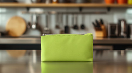 Vibrant green pouch on kitchen countertop in a modern culinary space with cooking utensilsの素材