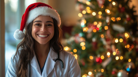 A smiling woman in a Santa hat and lab coat stands near a Christmas treeの素材