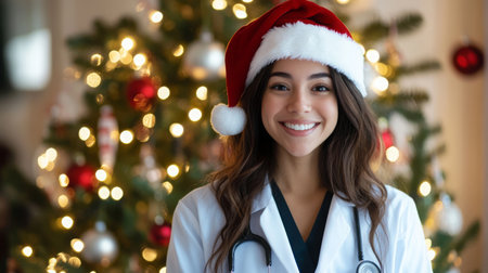 A smiling woman wearing a Santa hat stands in front of a Christmas treeの素材